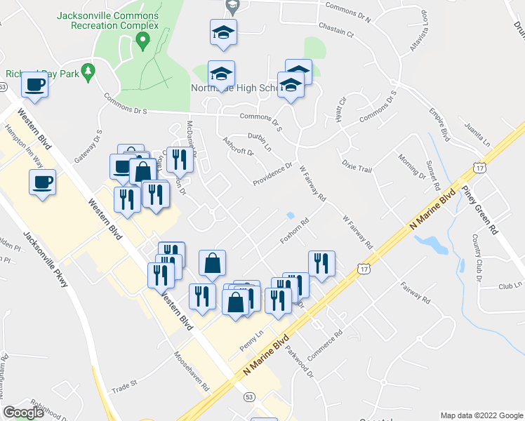 map of restaurants, bars, coffee shops, grocery stores, and more near 3018 Derby Run Road in Jacksonville