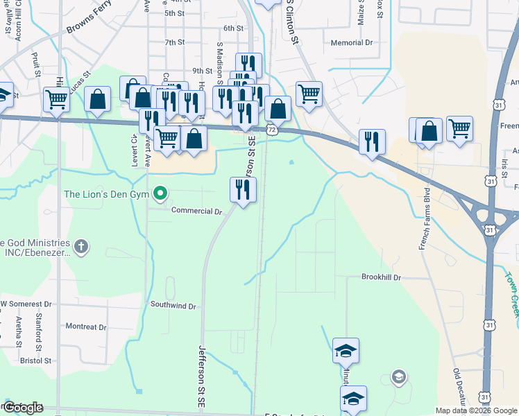 map of restaurants, bars, coffee shops, grocery stores, and more near 1601 South Monroe Street in Athens