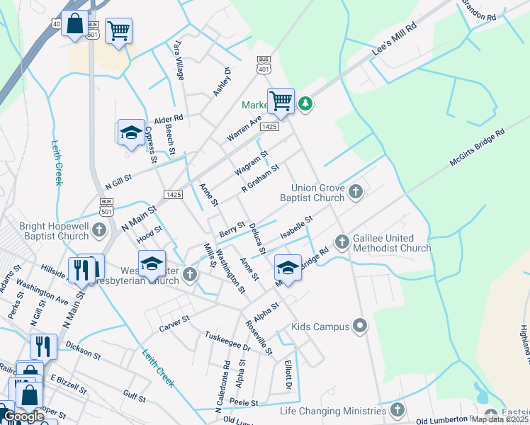map of restaurants, bars, coffee shops, grocery stores, and more near 702 West Allen Lane in Laurinburg