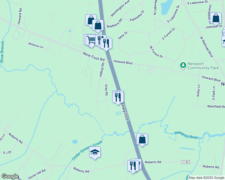 map of restaurants, bars, coffee shops, grocery stores, and more near 6955 U.S. 70 in Newport