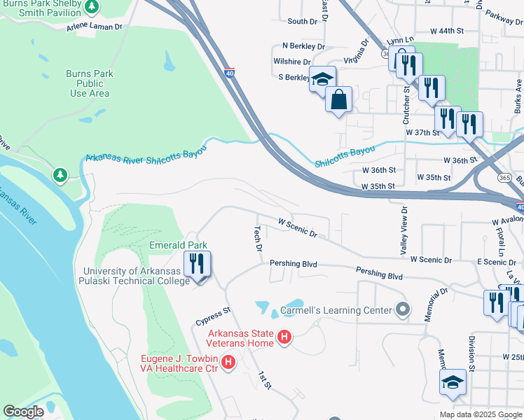 map of restaurants, bars, coffee shops, grocery stores, and more near 1101 North Oaks Lane in North Little Rock