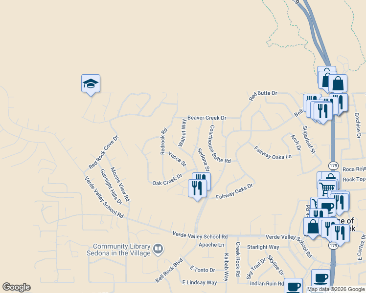 map of restaurants, bars, coffee shops, grocery stores, and more near 45 Sycamore Street in Sedona