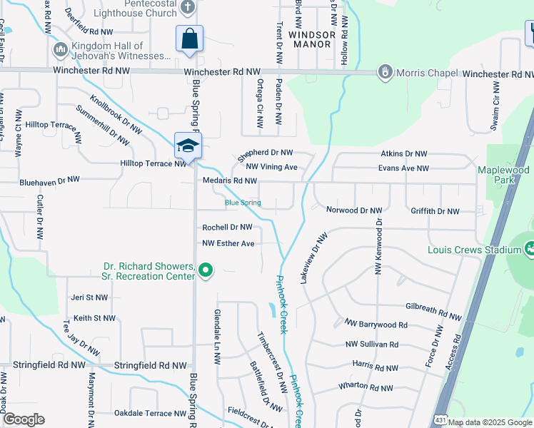 map of restaurants, bars, coffee shops, grocery stores, and more near 2423 Tuxedo Drive Northwest in Huntsville