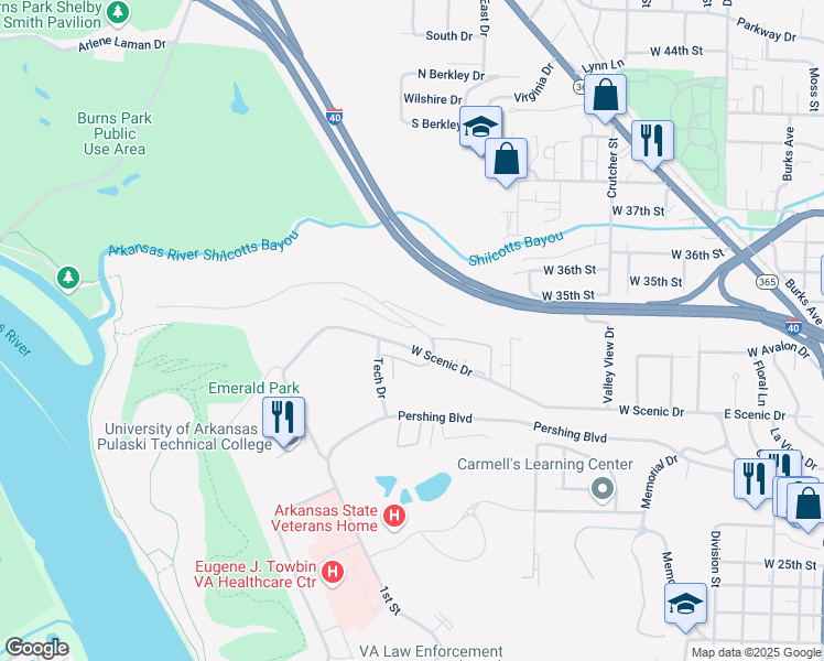 map of restaurants, bars, coffee shops, grocery stores, and more near 1101 North Oaks Lane in North Little Rock