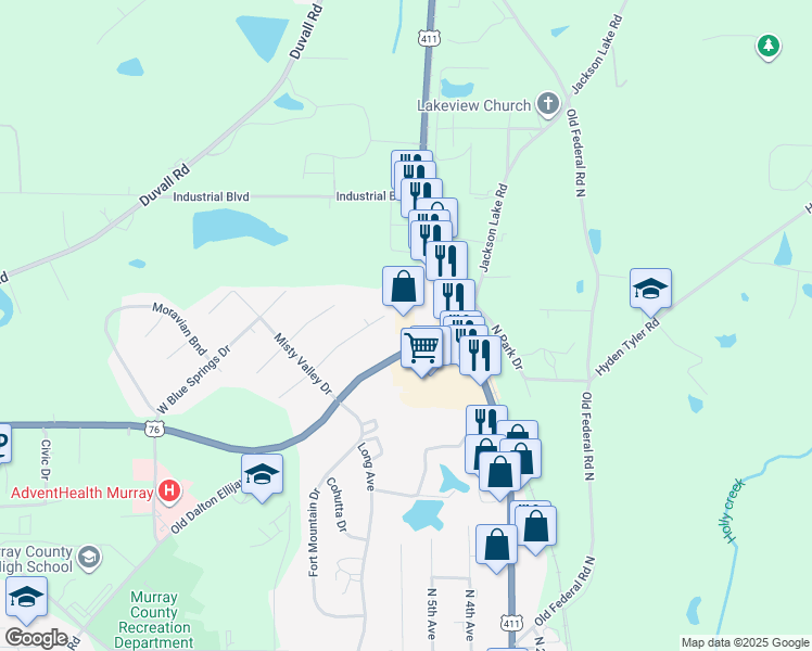 map of restaurants, bars, coffee shops, grocery stores, and more near 505 Gi Maddox Parkway in Chatsworth