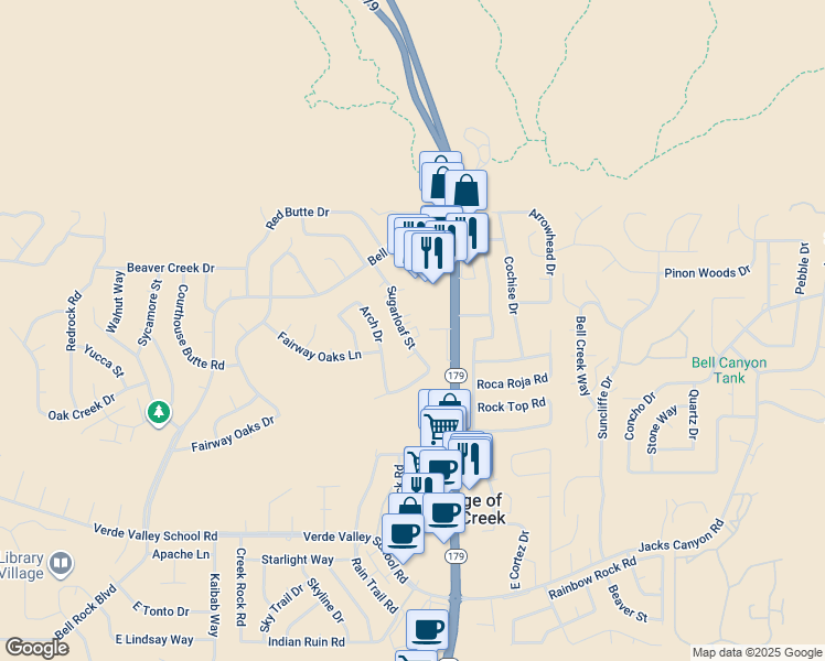 map of restaurants, bars, coffee shops, grocery stores, and more near 125 Sugarloaf Street in Sedona