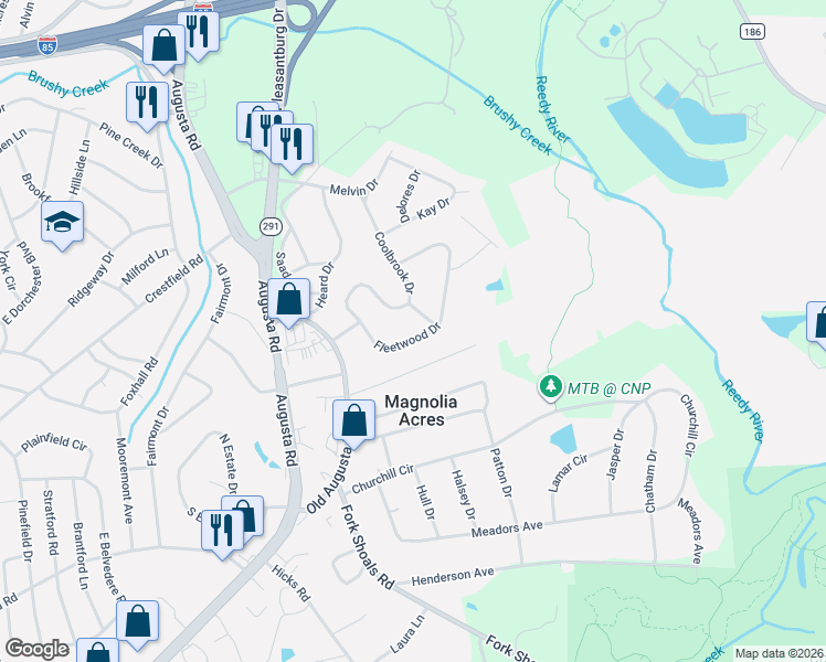 map of restaurants, bars, coffee shops, grocery stores, and more near 302 Coolbrook Drive in Greenville