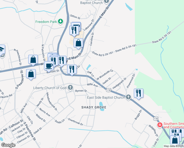 map of restaurants, bars, coffee shops, grocery stores, and more near 115 Oak Point in Liberty