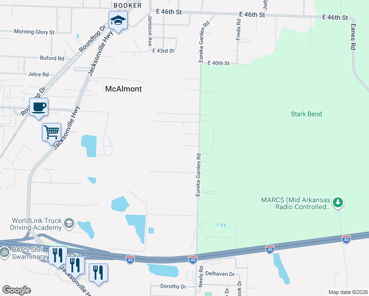 map of restaurants, bars, coffee shops, grocery stores, and more near 1409 Eureka Garden Road in North Little Rock