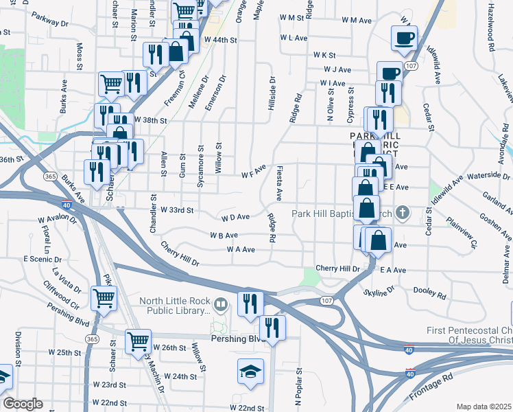 map of restaurants, bars, coffee shops, grocery stores, and more near 3407 Ridge Road in North Little Rock