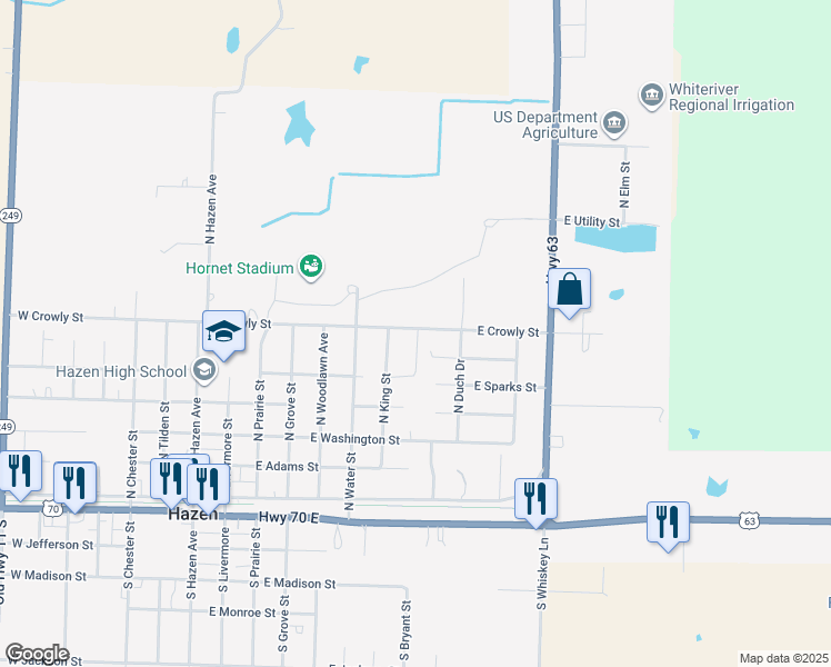 map of restaurants, bars, coffee shops, grocery stores, and more near 779 East Crowly Street in Hazen