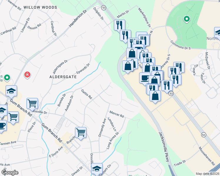 map of restaurants, bars, coffee shops, grocery stores, and more near 1403 Adam Court in Jacksonville