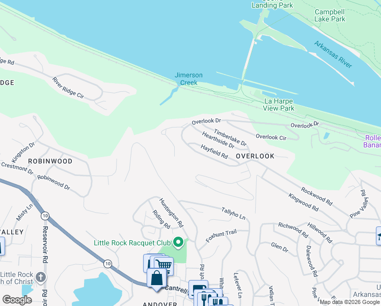 map of restaurants, bars, coffee shops, grocery stores, and more near 37 Overlook Drive in Little Rock