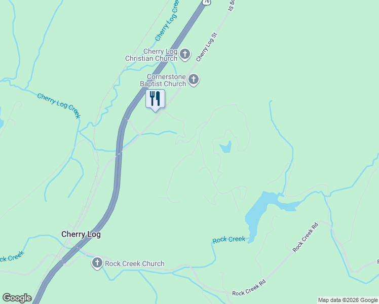 map of restaurants, bars, coffee shops, grocery stores, and more near 36 Hidden Lake Lane in Cherry Log