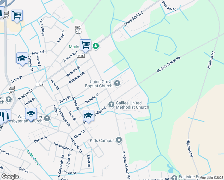 map of restaurants, bars, coffee shops, grocery stores, and more near 1007 Shaw Street in Laurinburg