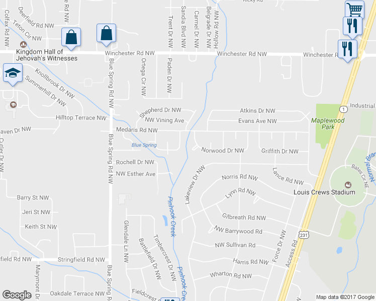 map of restaurants, bars, coffee shops, grocery stores, and more near 2255 Flipin Circle Northwest in Huntsville