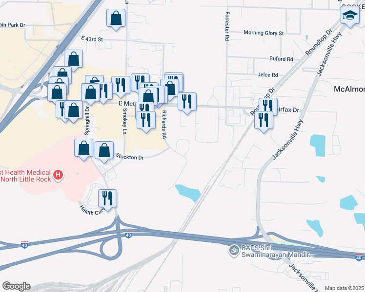 map of restaurants, bars, coffee shops, grocery stores, and more near 3600 Richards Road in North Little Rock