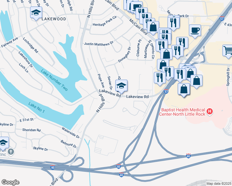 map of restaurants, bars, coffee shops, grocery stores, and more near 3408 McCord Drive in North Little Rock