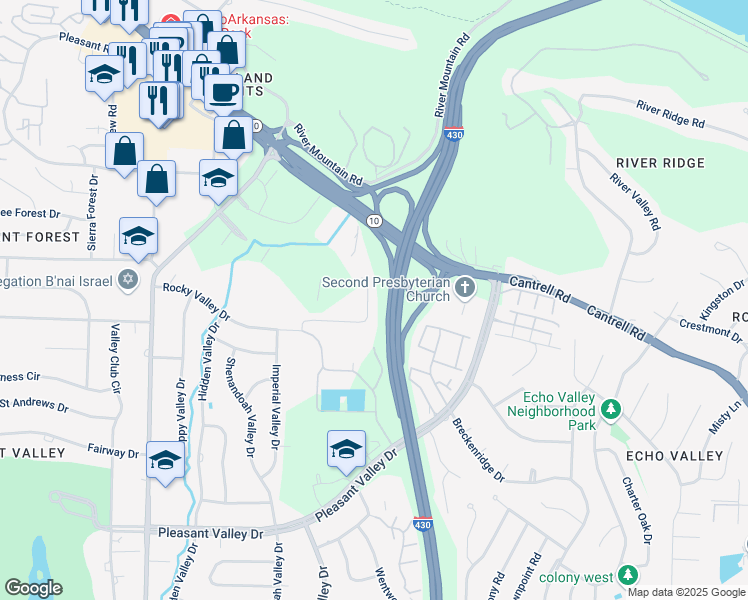 map of restaurants, bars, coffee shops, grocery stores, and more near 53 Rocky Valley Cove in Little Rock