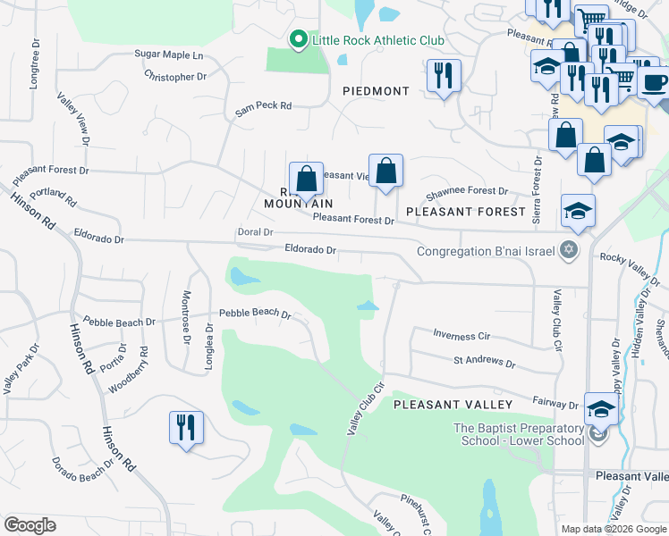 map of restaurants, bars, coffee shops, grocery stores, and more near 39 Eldorado Drive in Little Rock