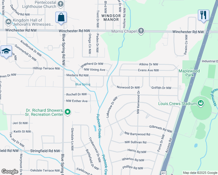 map of restaurants, bars, coffee shops, grocery stores, and more near 2253 Flipin Circle Northwest in Huntsville