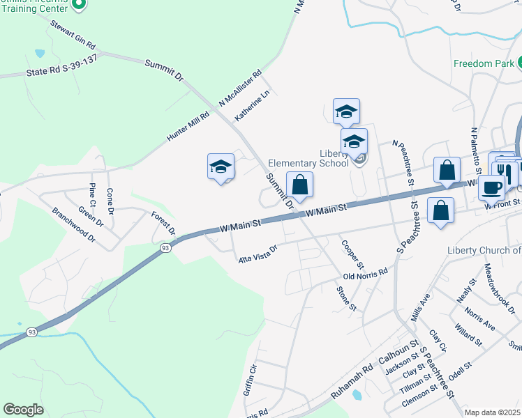 map of restaurants, bars, coffee shops, grocery stores, and more near 109 Forest View Circle in Liberty