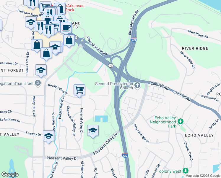 map of restaurants, bars, coffee shops, grocery stores, and more near 53 Rocky Valley Cove in Little Rock