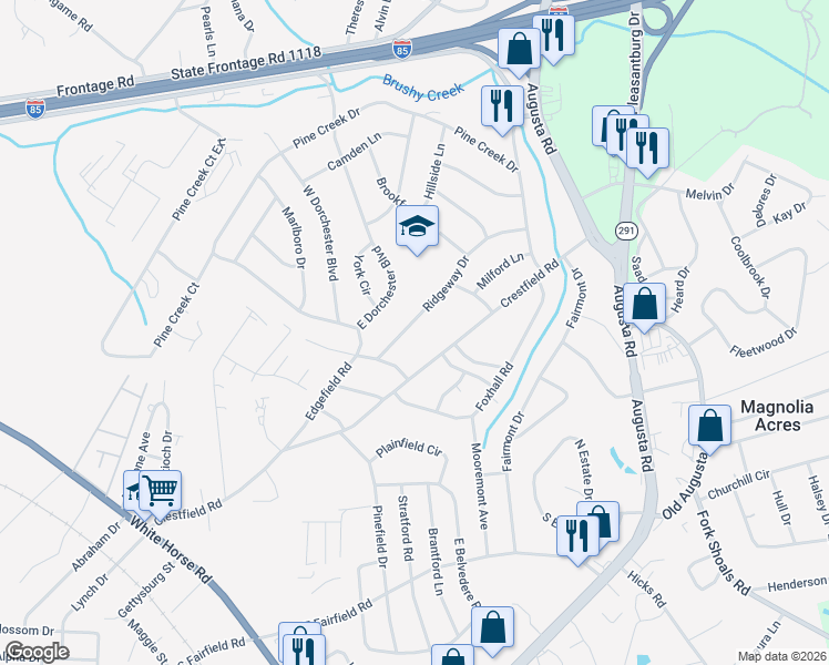 map of restaurants, bars, coffee shops, grocery stores, and more near 12 Ridgeway Drive in Greenville