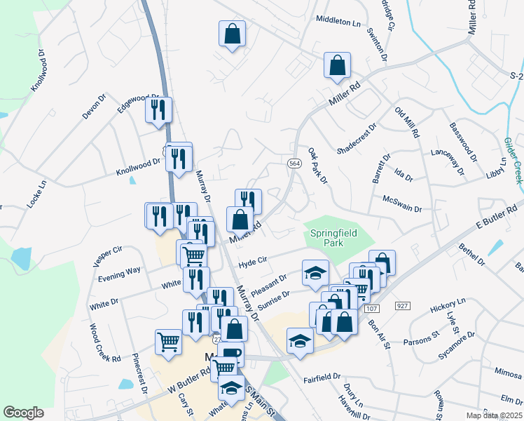 map of restaurants, bars, coffee shops, grocery stores, and more near 15 Miller Rd in Mauldin