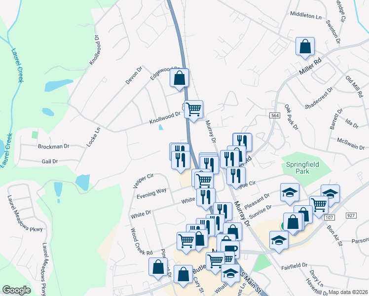 map of restaurants, bars, coffee shops, grocery stores, and more near 475 North Main Street in Mauldin
