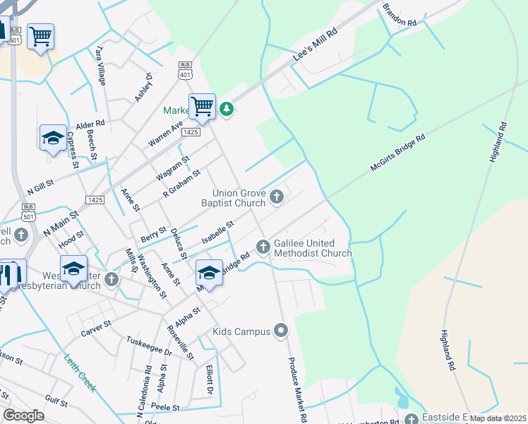 map of restaurants, bars, coffee shops, grocery stores, and more near 1007 Shaw Street in Laurinburg