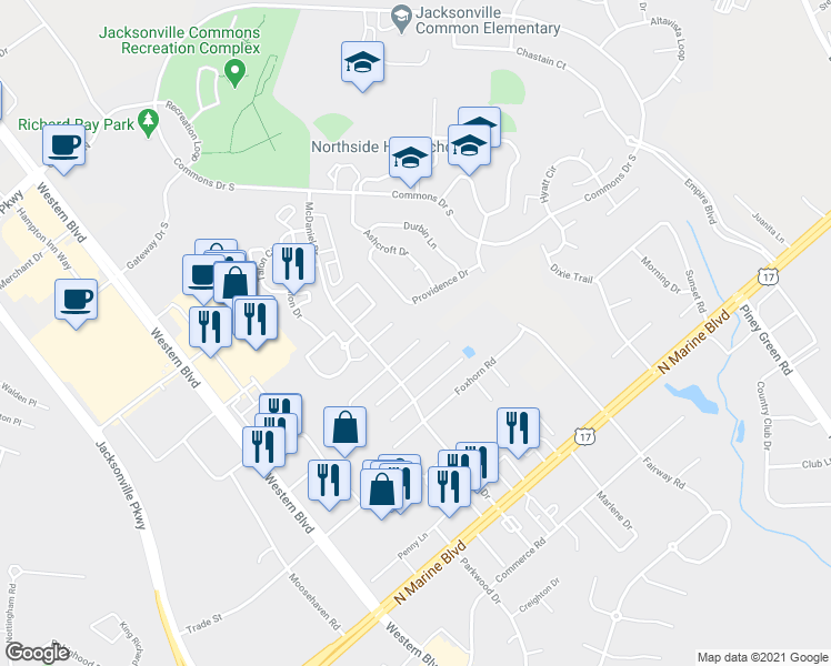 map of restaurants, bars, coffee shops, grocery stores, and more near 3019 Derby Run Road in Jacksonville