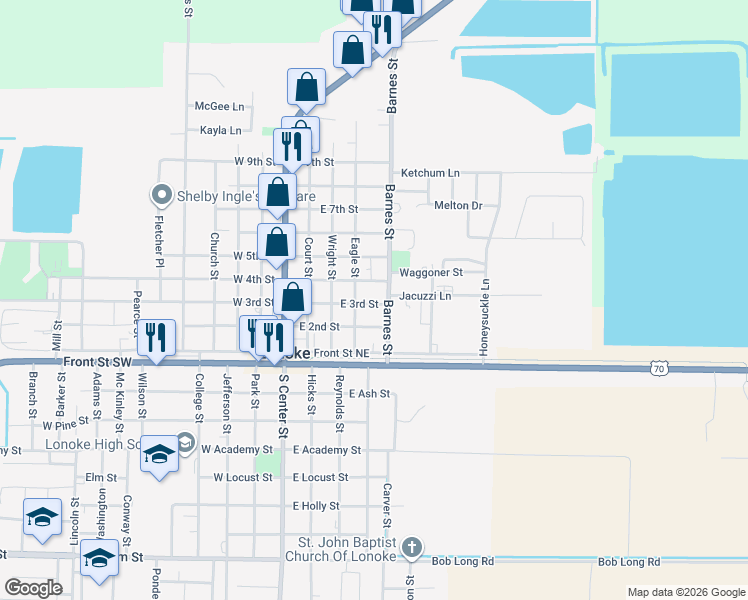 map of restaurants, bars, coffee shops, grocery stores, and more near 318 Barnes Street in Lonoke