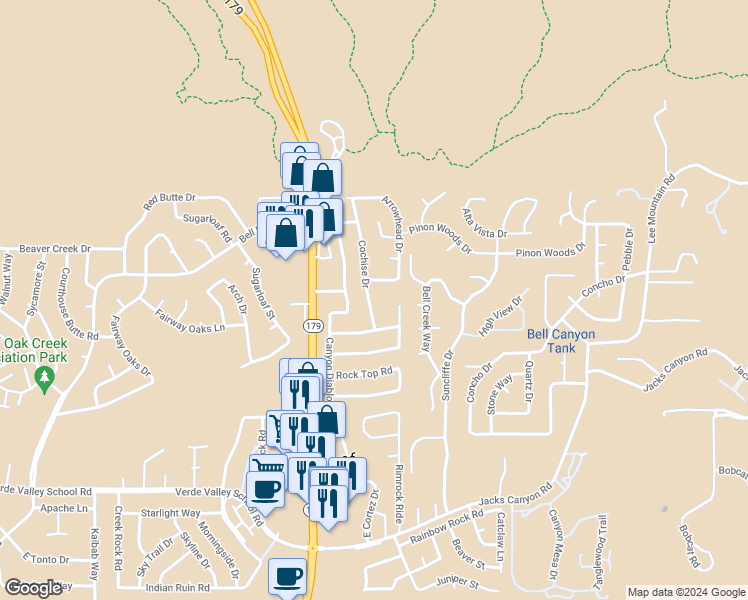 map of restaurants, bars, coffee shops, grocery stores, and more near 60 Cochise Drive in Sedona