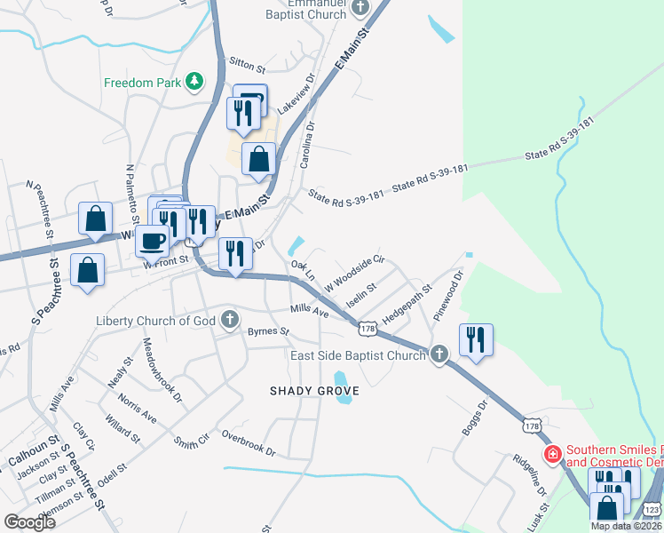 map of restaurants, bars, coffee shops, grocery stores, and more near 111 Simpson Street in Liberty