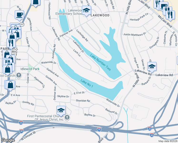 map of restaurants, bars, coffee shops, grocery stores, and more near 3418 Lakeview Road in North Little Rock