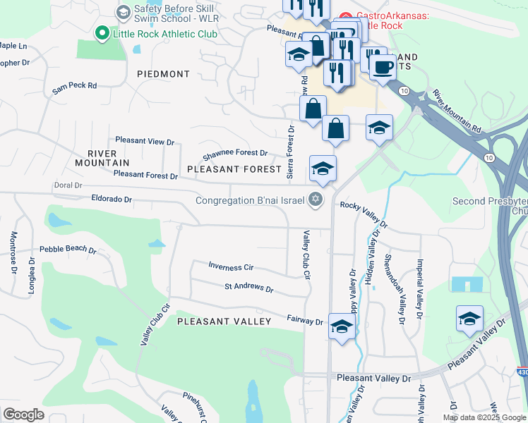 map of restaurants, bars, coffee shops, grocery stores, and more near 3602 Doral Drive in Little Rock