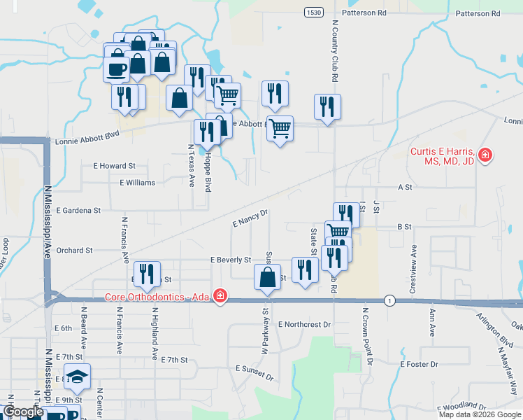 map of restaurants, bars, coffee shops, grocery stores, and more near 1522 East Nancy Street in Ada