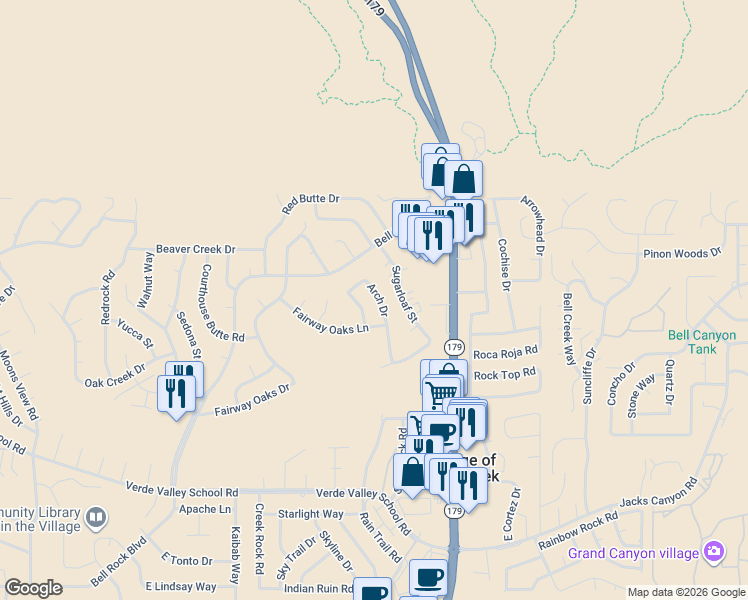 map of restaurants, bars, coffee shops, grocery stores, and more near 160 Arch Drive in Sedona