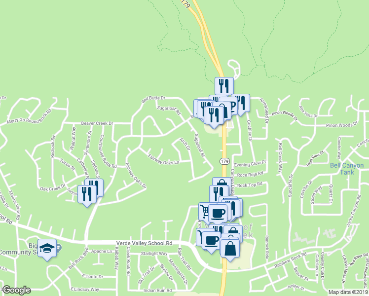 map of restaurants, bars, coffee shops, grocery stores, and more near 180 Arch Drive in Sedona