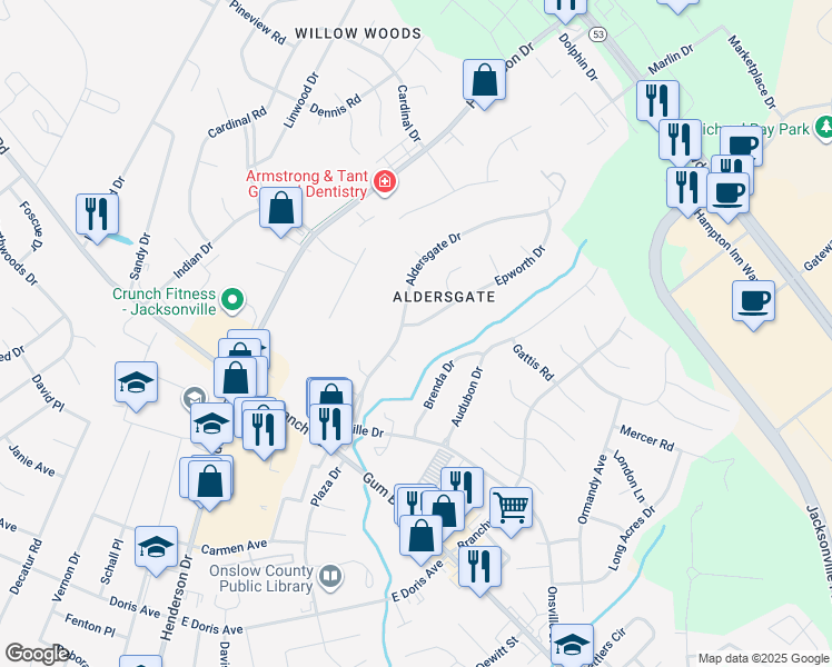 map of restaurants, bars, coffee shops, grocery stores, and more near 102 Epworth Drive in Jacksonville