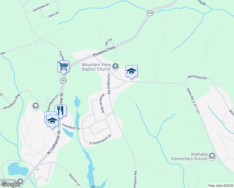 map of restaurants, bars, coffee shops, grocery stores, and more near 100 Mountain View Drive in Walhalla