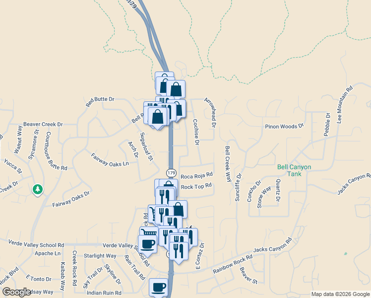 map of restaurants, bars, coffee shops, grocery stores, and more near 37 Navajo Road in Sedona
