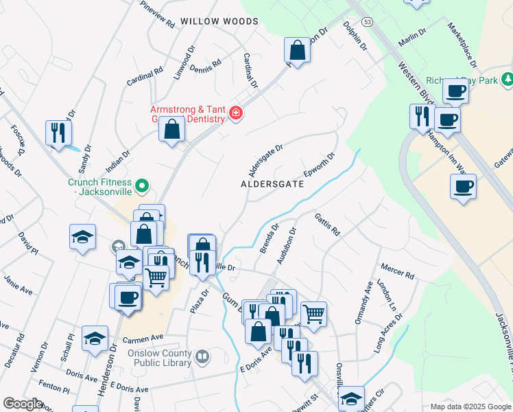 map of restaurants, bars, coffee shops, grocery stores, and more near 102 Epworth Drive in Jacksonville