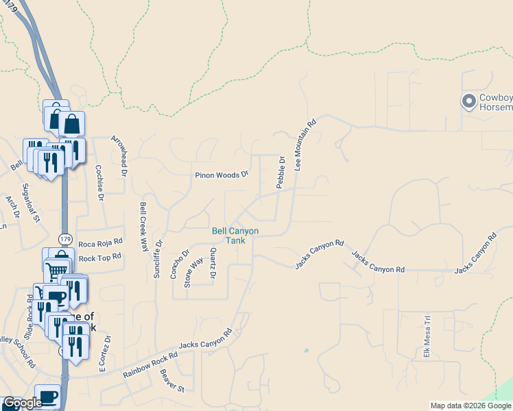 map of restaurants, bars, coffee shops, grocery stores, and more near 685 Concho Drive in Sedona