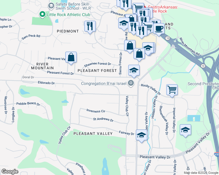 map of restaurants, bars, coffee shops, grocery stores, and more near 3602 Doral Drive in Little Rock