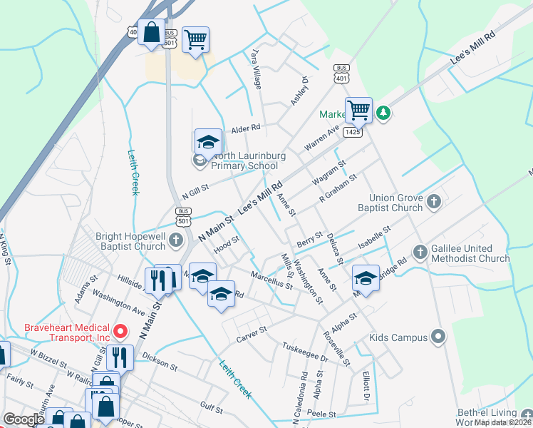 map of restaurants, bars, coffee shops, grocery stores, and more near 1106 Washington Street in Laurinburg