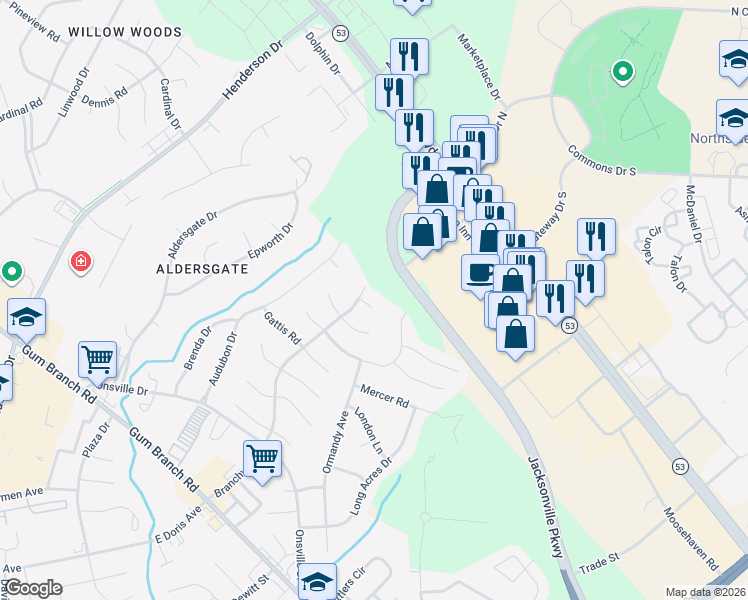 map of restaurants, bars, coffee shops, grocery stores, and more near 1403 Adam Court in Jacksonville