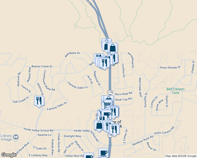 map of restaurants, bars, coffee shops, grocery stores, and more near 125 Sugarloaf Street in Sedona