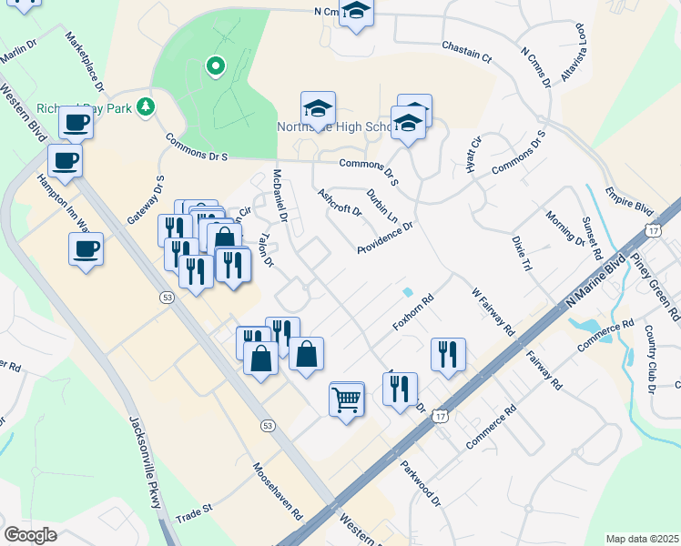 map of restaurants, bars, coffee shops, grocery stores, and more near 460 McDaniel Drive in Jacksonville